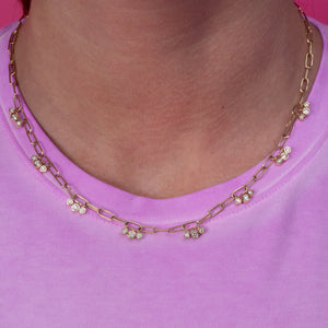 Under the Lights 14K Yellow Gold Micro Paperclip Chain Necklace with Bezel Set Diamond Trios